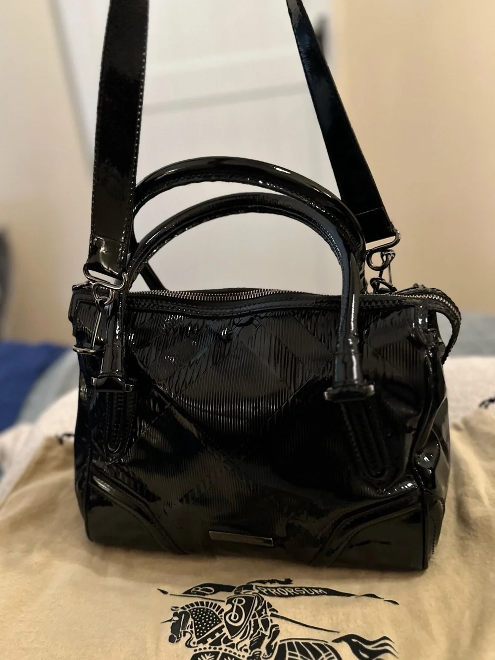 Vintage Burberry Embossed Black Patent Bowling Bag